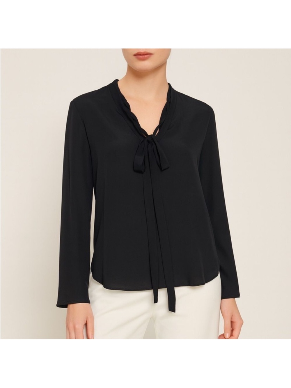 SANDRO Silk Tie Neck Blouse Black Long Sleeve Size 2